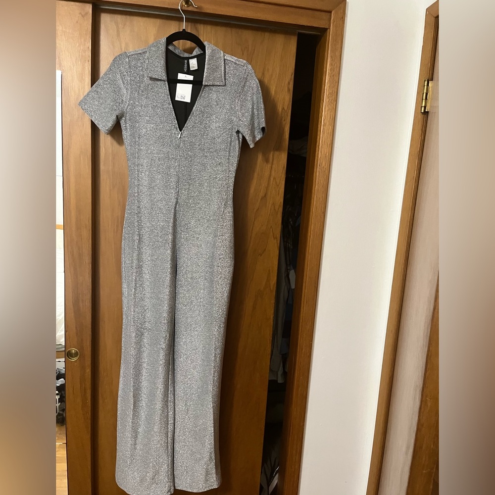 Sparkly silver short sleeve jumpsuit
